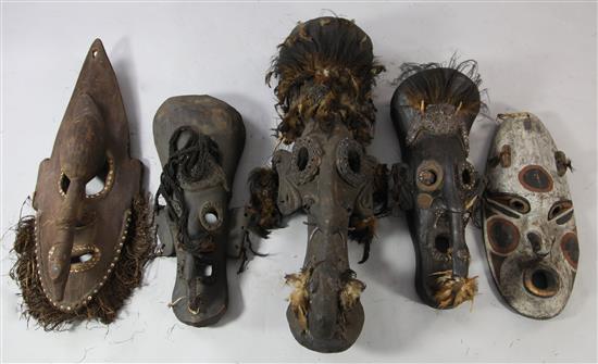 Five Sepik River tribal masks, various